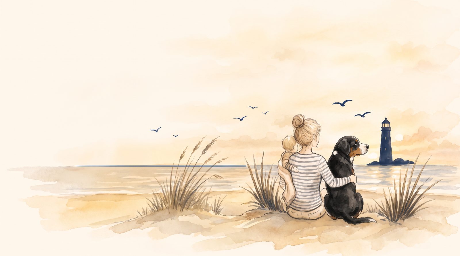 Frau, Kind und Hund blicken vom Strand aus auf einen Leuchtturm